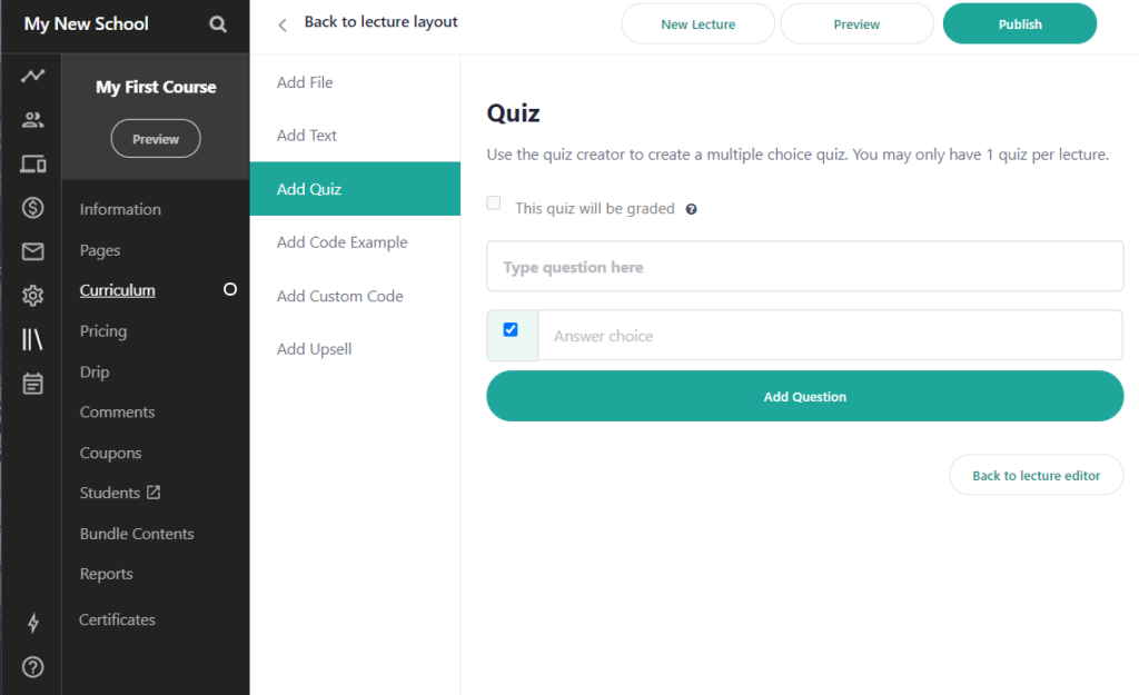 Für Teachable eingerichteter Kurs, der die Quizoption anzeigt.