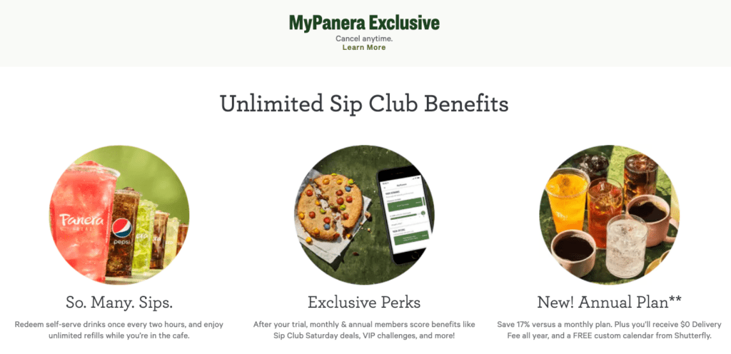 Panera Sip Club Captura de pantalla | MemberPress Programa de afiliación Panera Sip Club