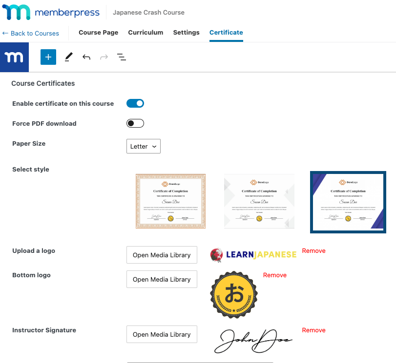 MemberPress certificates settings | MemberPress MemberPress Courses certificate settings