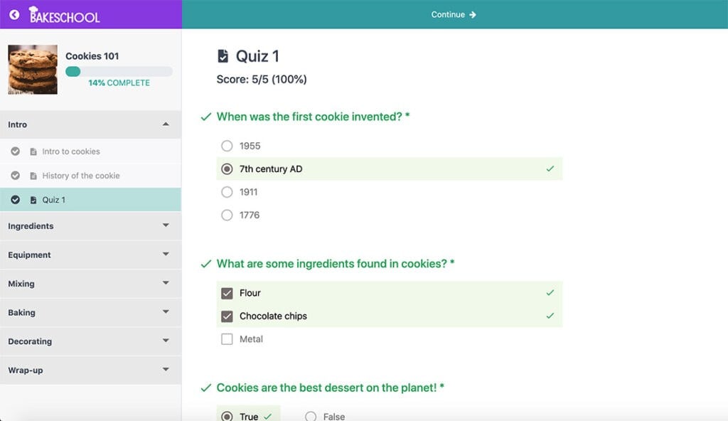 QuizBakeSchool1 | MemberPress Ejemplo de cuestionario del curso MemberPress en un sitio web de ejemplo llamado Bake School.